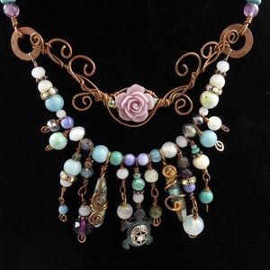 Hand crafted copper, rose, and stone necklace